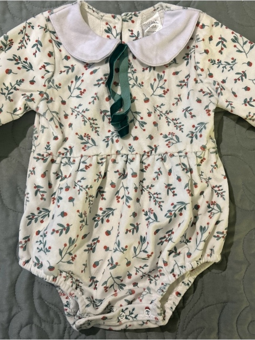 Badgley Mischka White Floral Peter-Collar One-Piece with Green Ribbon